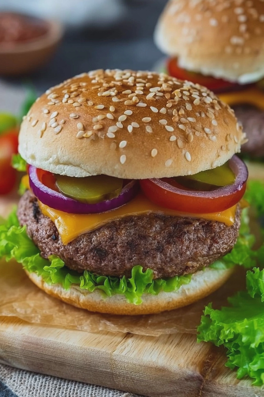 Saftiger Burger aus der Heißluftfritteuse mit frischem Salat, Tomaten und Zwiebeln, auf einem Holzbrett serviert.