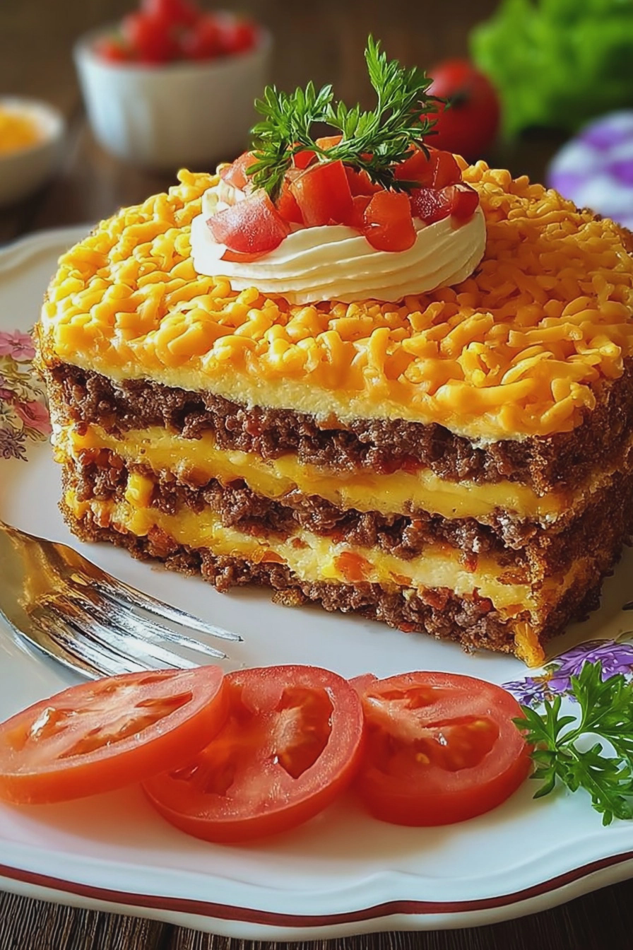 Cheeseburger-Torte serviert mit frischem Salat, Tomaten und Gurken auf einem Teller.