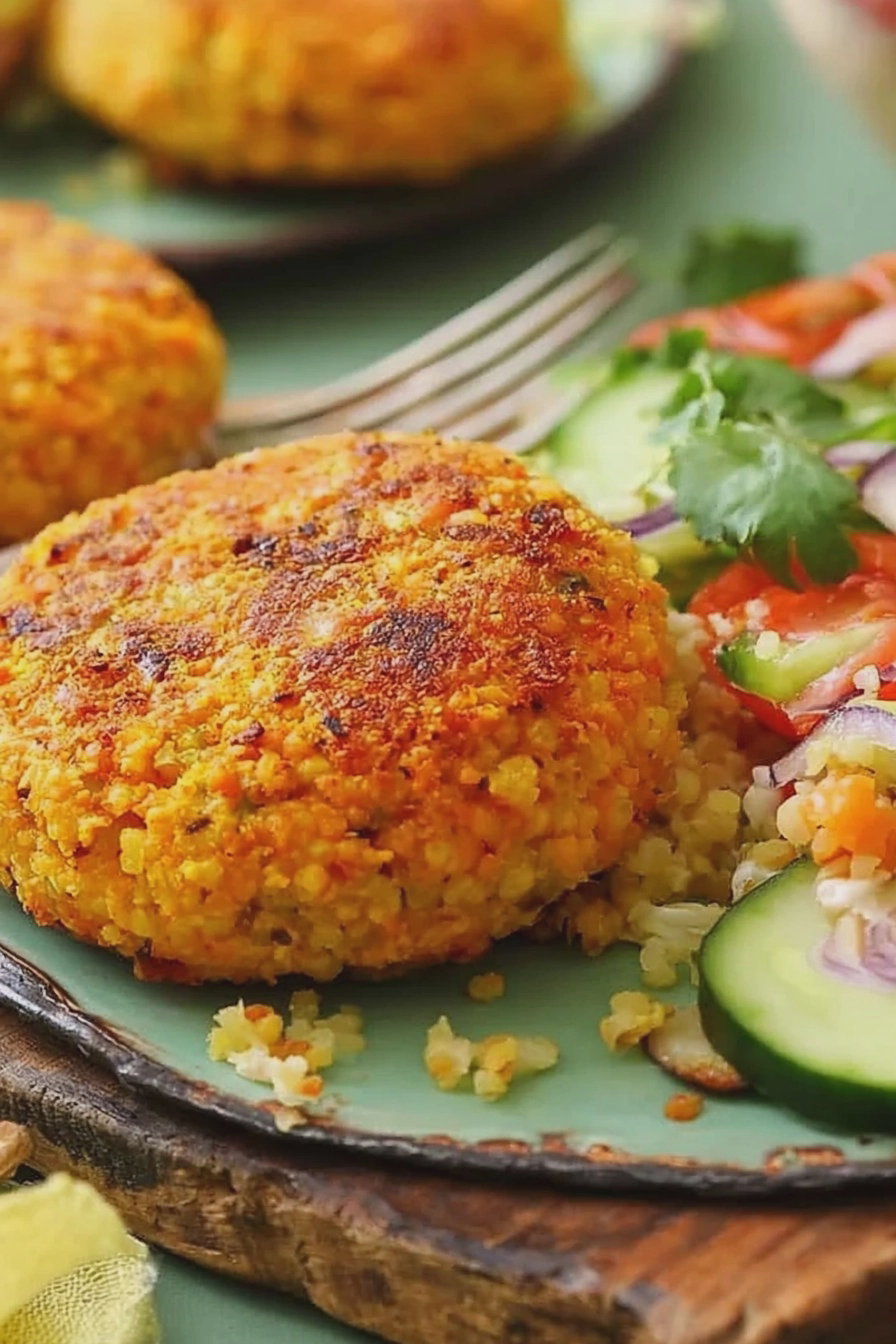 Couscouspuffer serviert mit frischem Salat und Sprossen auf einem rustikalen Holztisch.