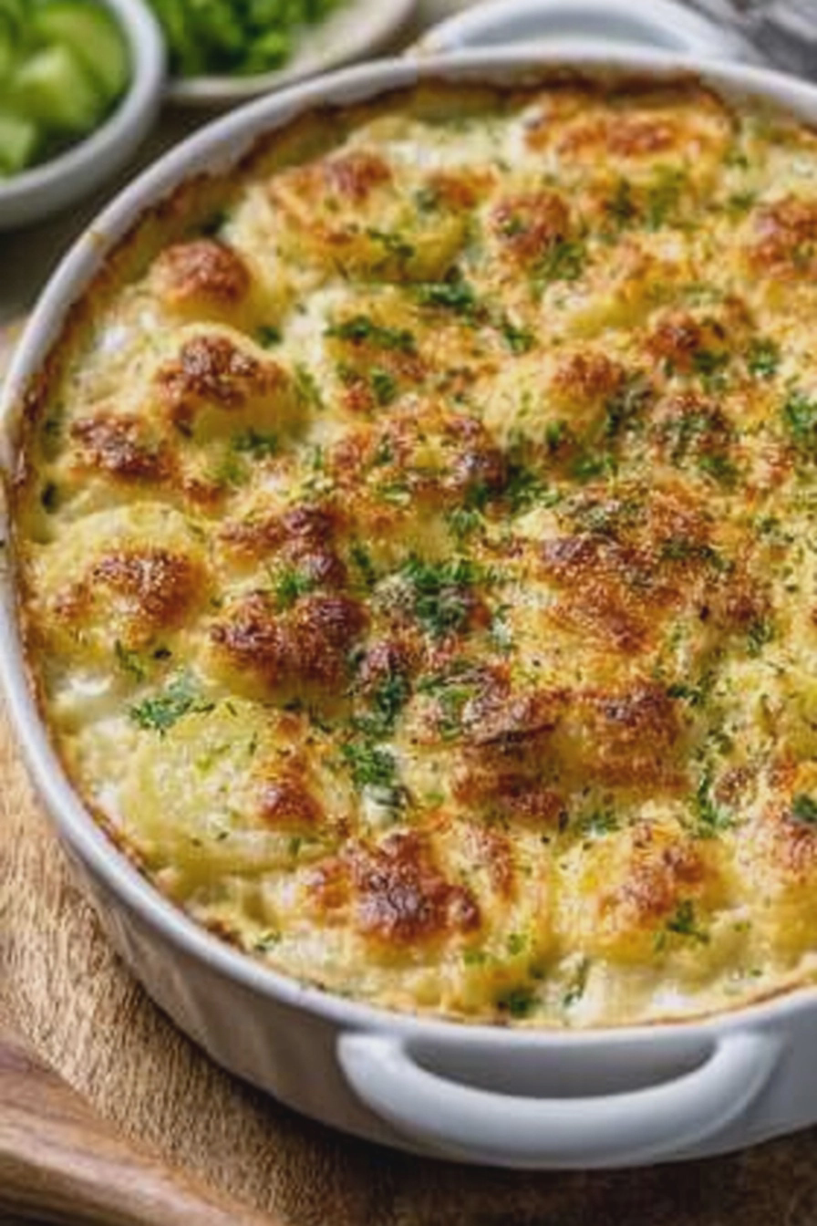 Cremiges Kohlrabi-Gratin mit Käse in einer Auflaufform, frisch aus dem Ofen, goldbraun und verführerisch gebräunt.