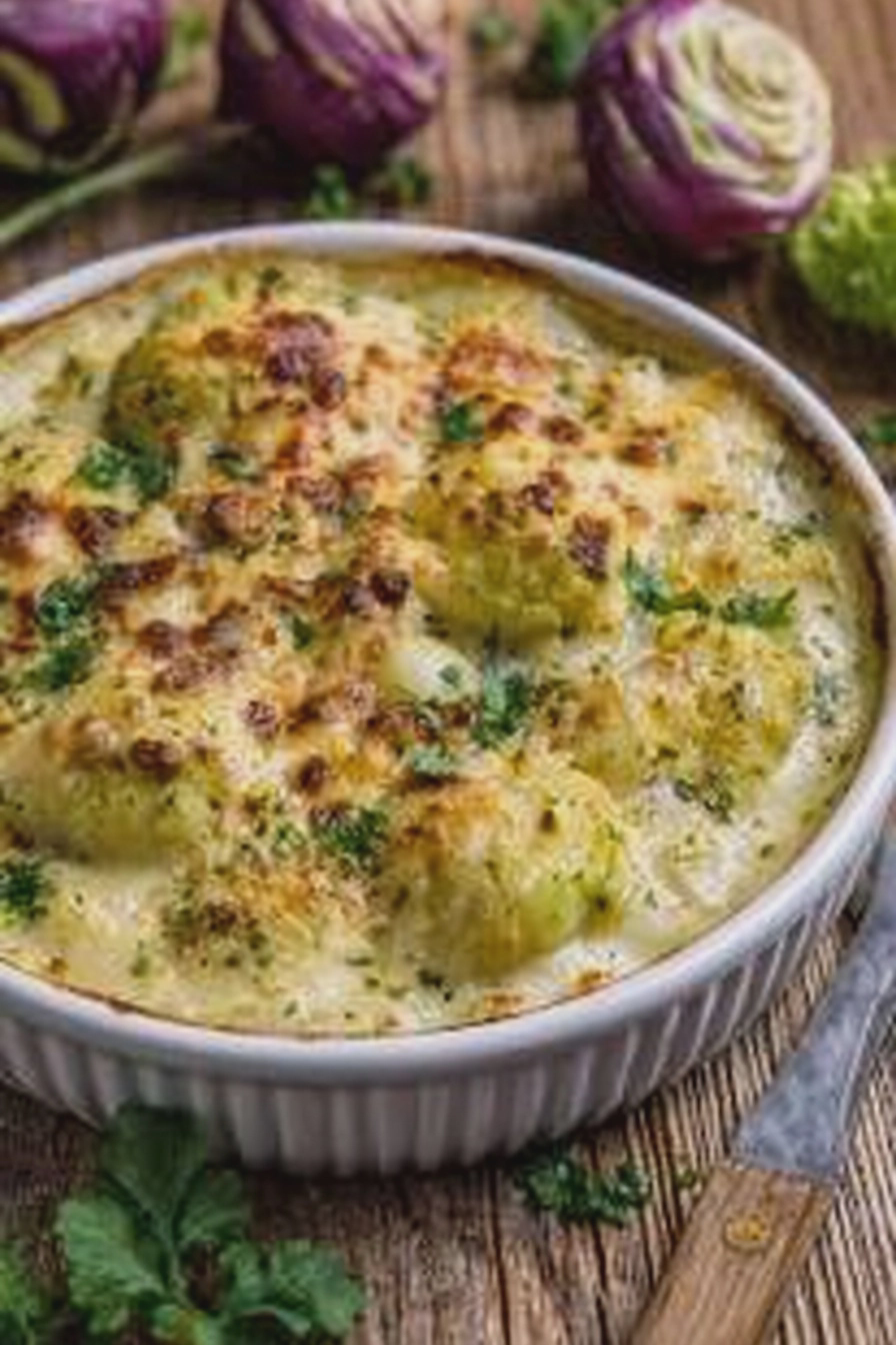 Cremiges Kohlrabi-Gratin mit geschmolzenem Käse, serviert in einer eleganten Auflaufform.