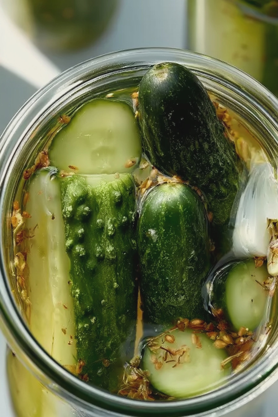 Eingelegte Gurken süß-sauer in einem Einmachglas mit frischen Zutaten.