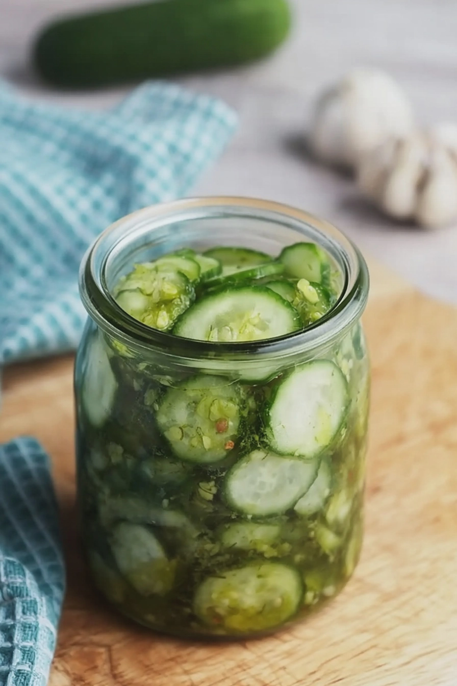 Eingelegter Gurkensalat in einem Glas mit frischem Dill und Lorbeerblättern auf einem Holztisch.