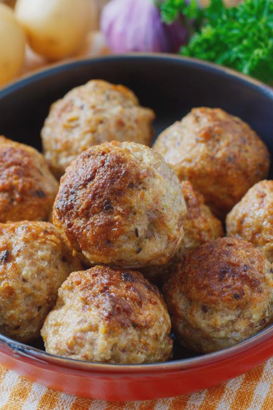 Frische Frikadellen aus der Heißluftfritteuse auf einem Holzbrett, dekoriert mit Kräutern und Senf