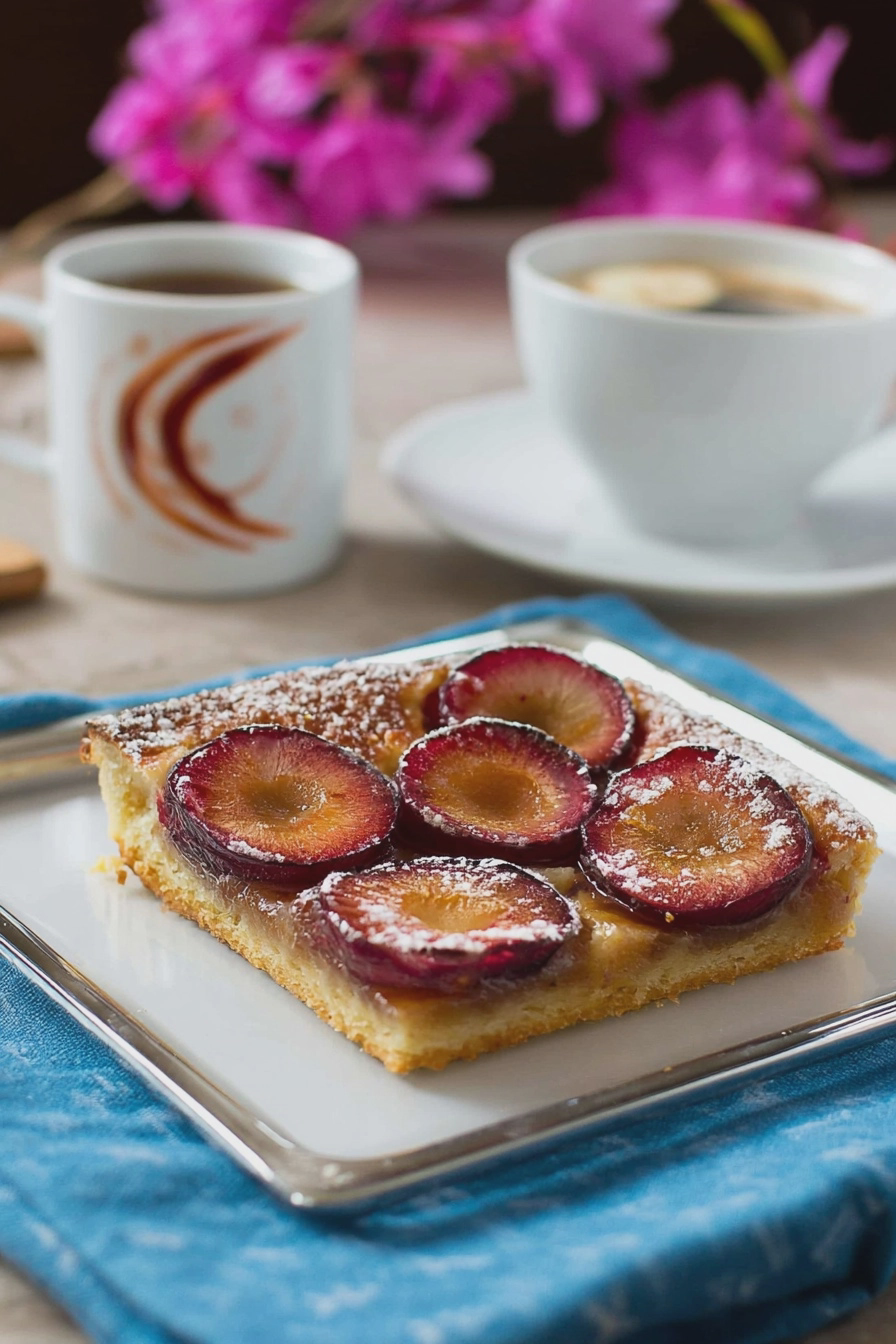 Frisch gebackener Pflaumenkuchen mit Hefeteig, dekoriert mit Pflaumen und Zimtstangen.