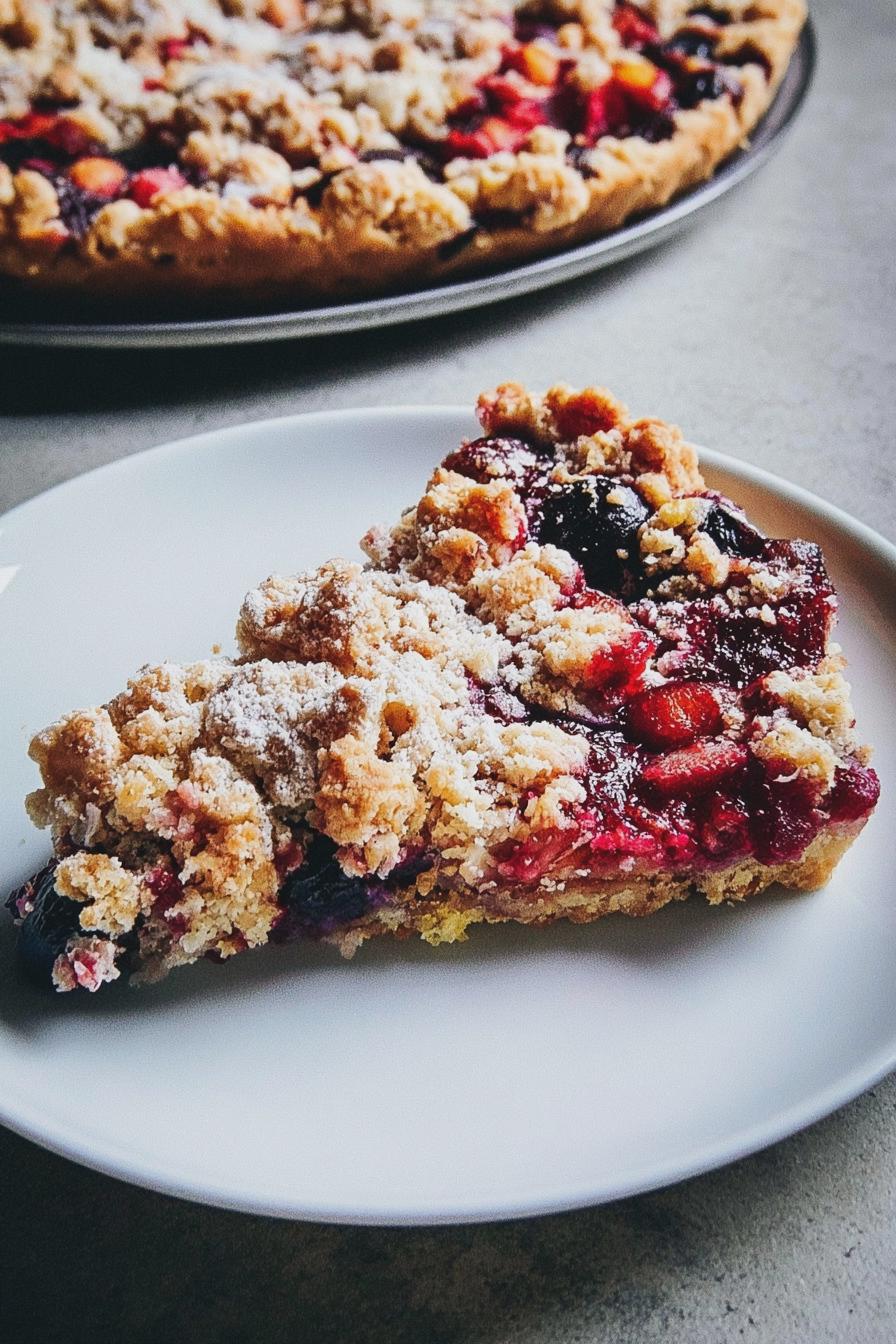 Frisch gebackener Pflaumenkuchen mit Zwetschgen und Sahne auf einem Teller.