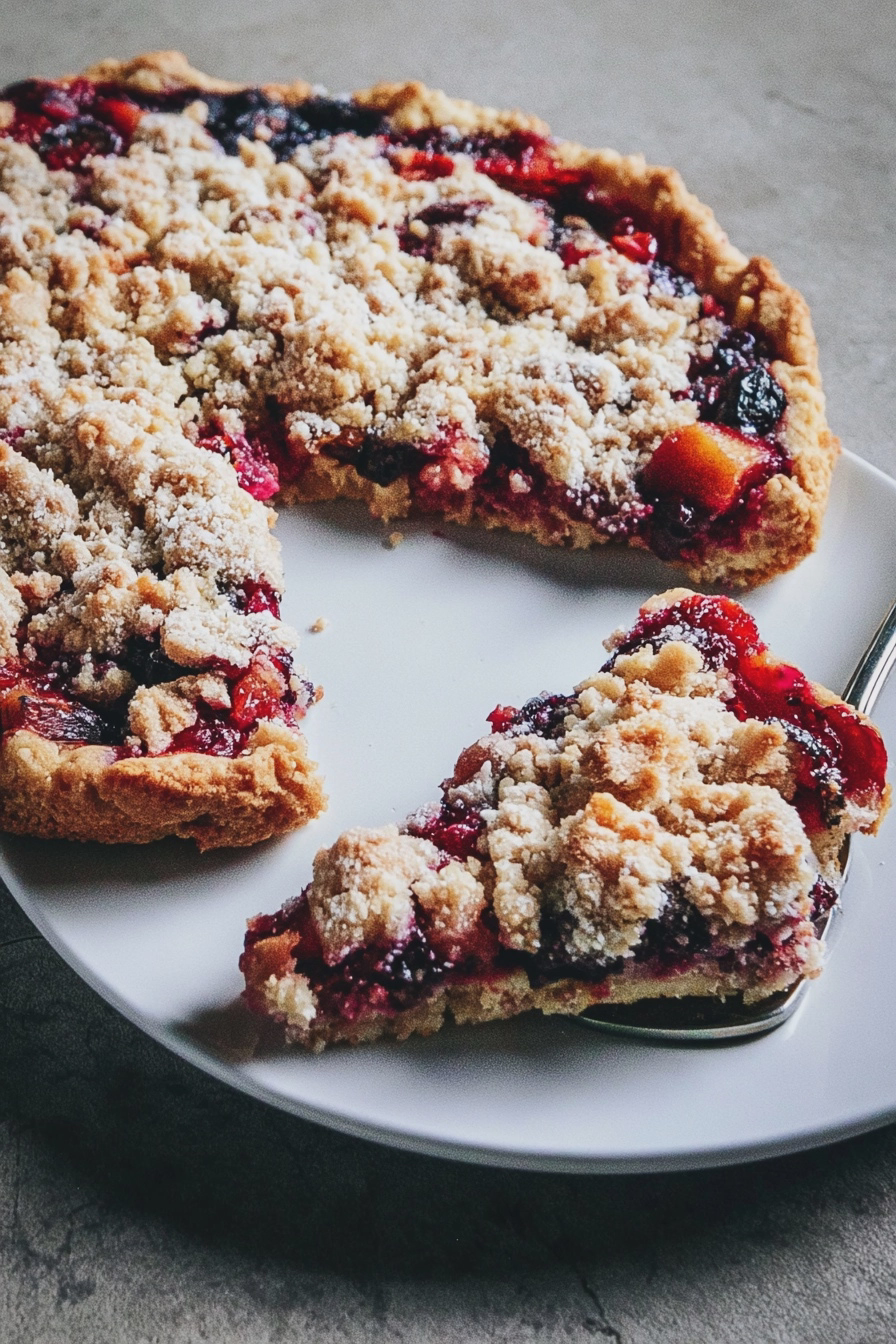 Frisch gebackener Pflaumenkuchen mit Zwetschgen und Zimt-Streuseln auf einem Holztisch.