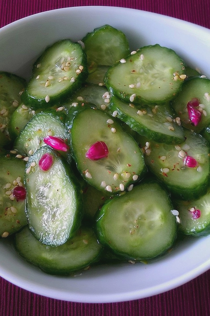 Frische Schüttelgurken mit Dill und Senfkörnern in einer Schüssel.