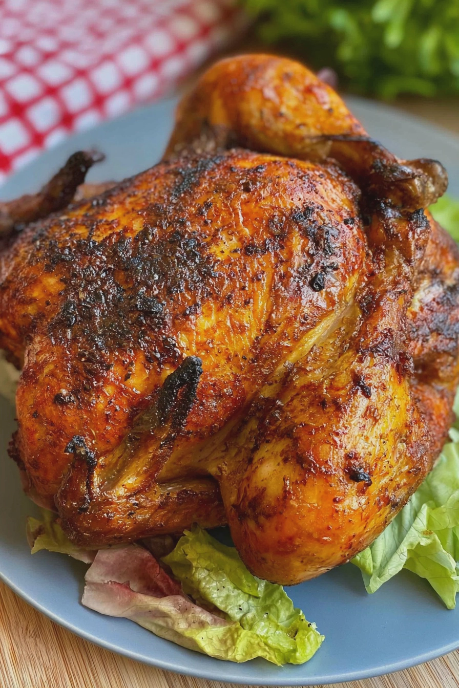 Knuspriges ganzes Hähnchen aus der Heißluftfritteuse auf einem Holzbrett, bereit zum Servieren.