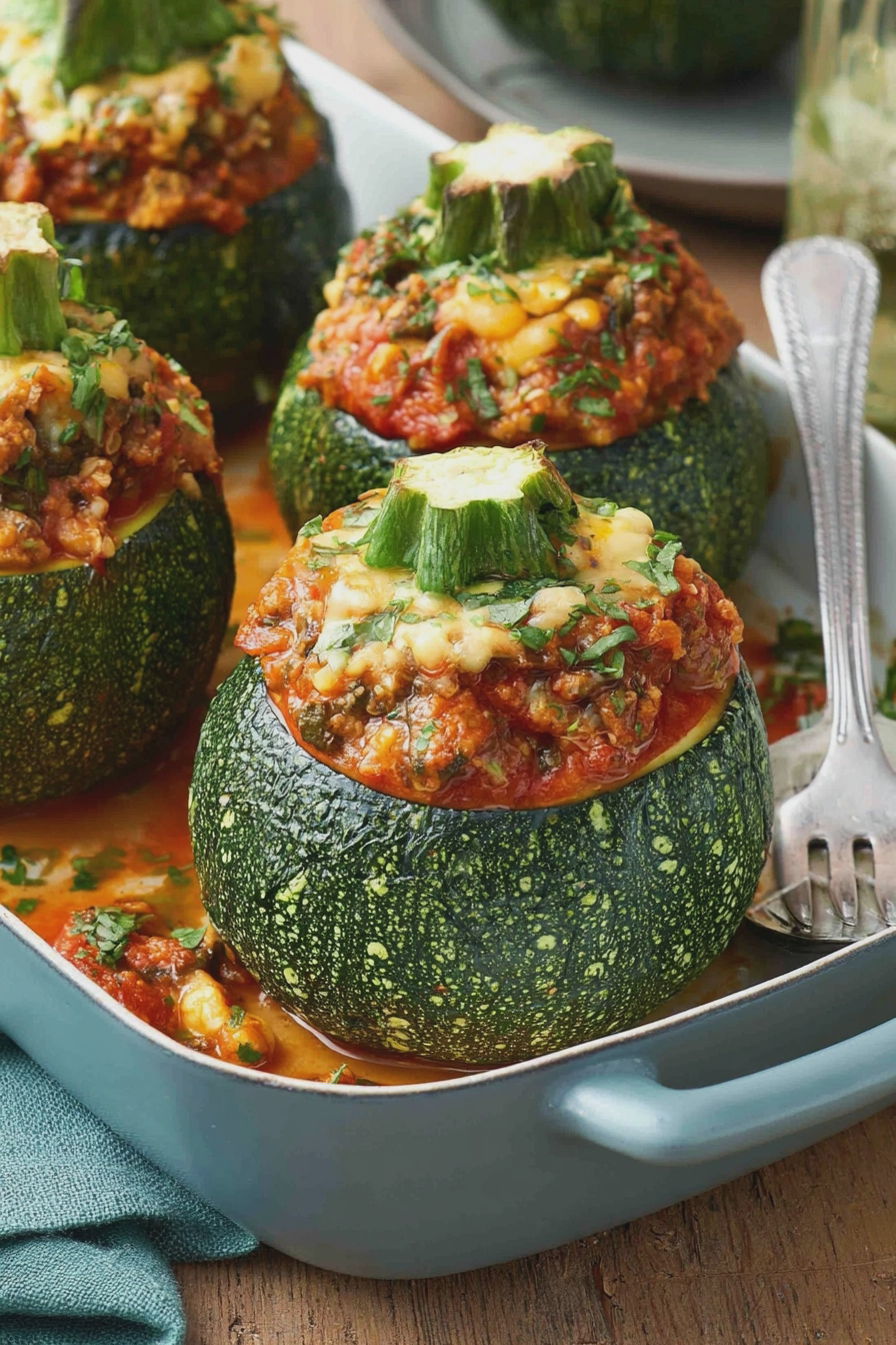 Saftig gefüllte runde Zucchini mit Hackfleisch und dekorativen Kräutern, perfekt für sommerliche Gerichte.