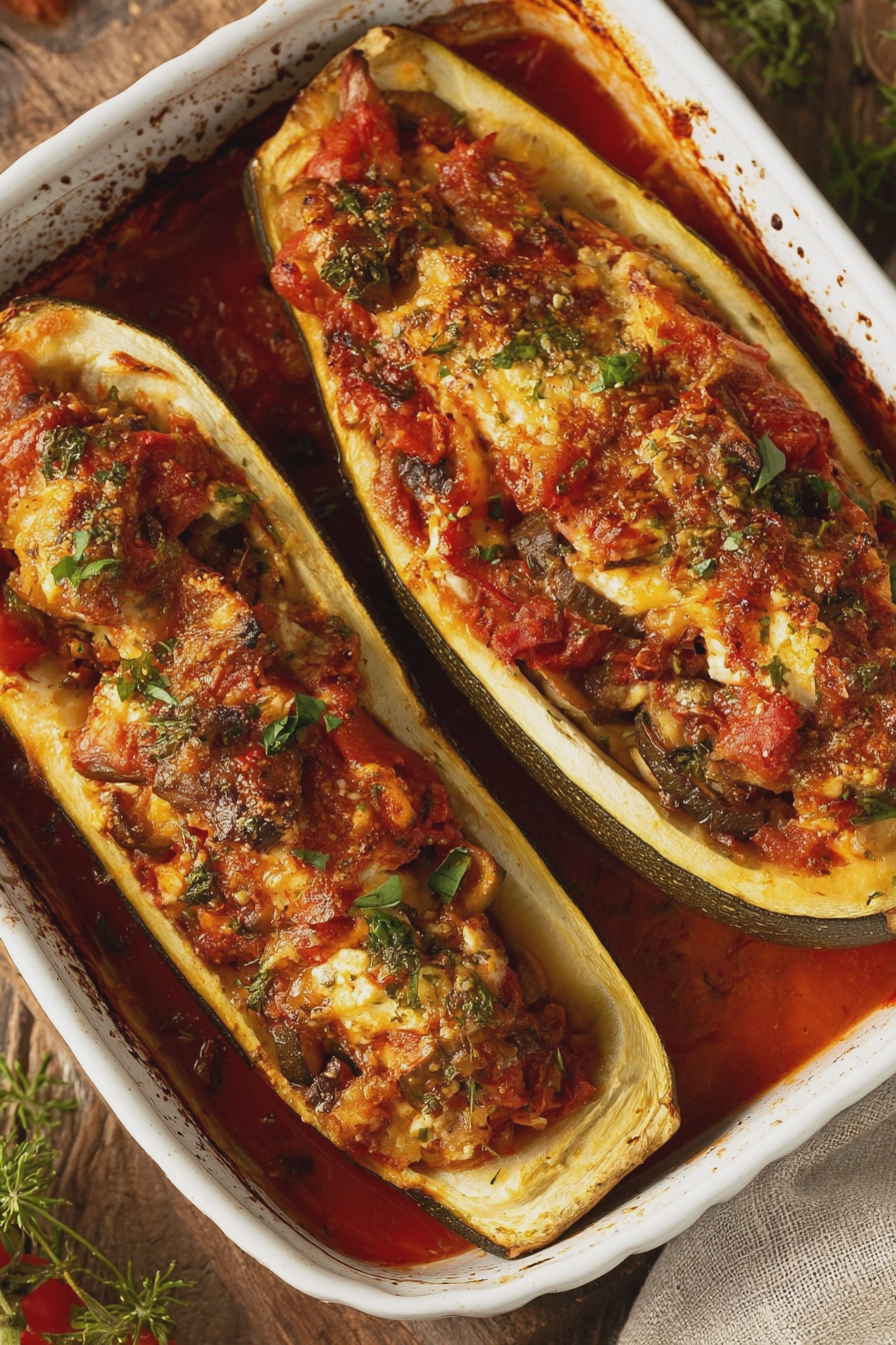 Vegetarisch gefüllte Zucchini mit Feta, dekoriert mit frischen Kräutern auf einem Holzbrett.