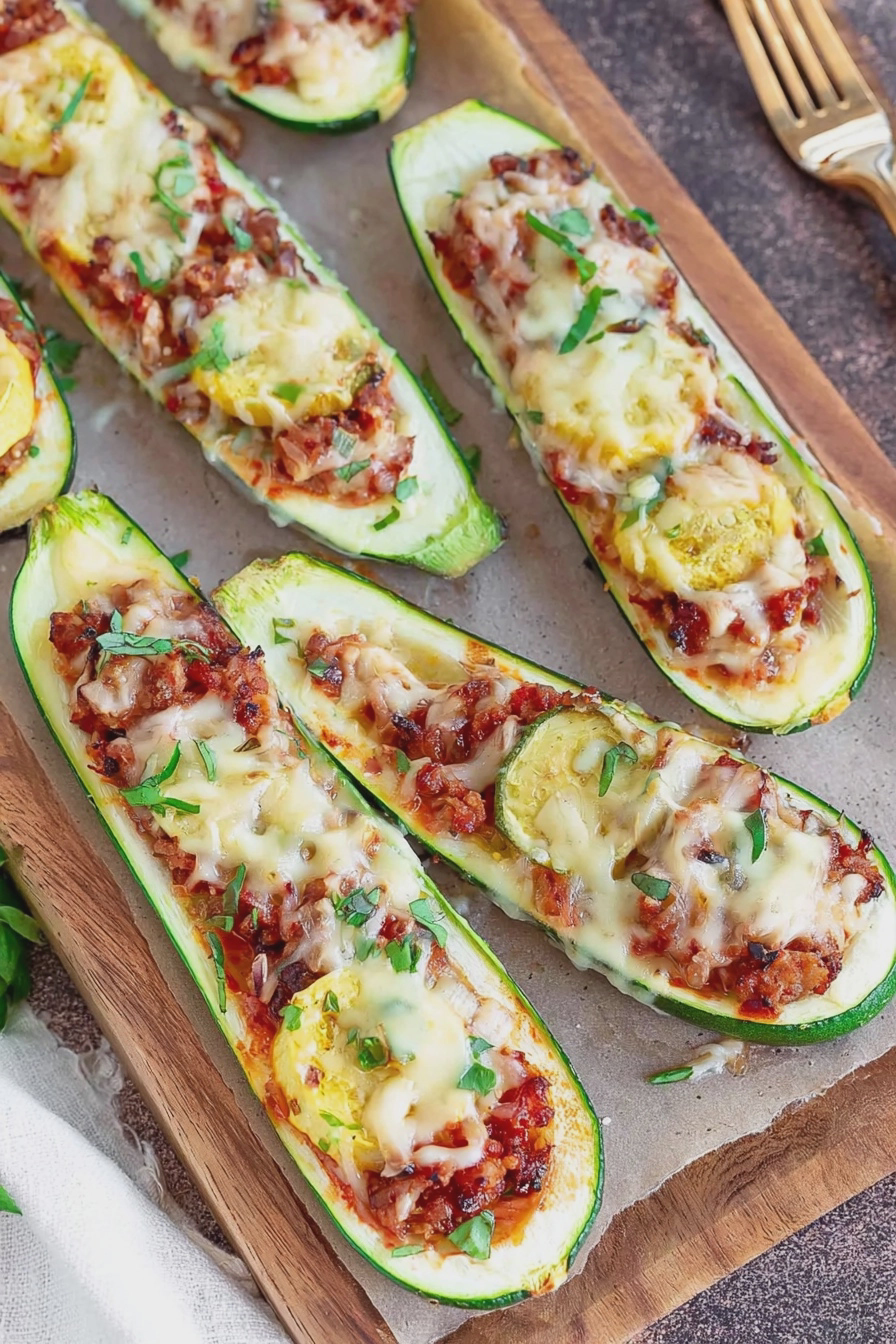 Überbackene gefüllte Zucchini mit Hackfleisch und Mozzarella, serviert auf einem rustikalen Holzbrett.