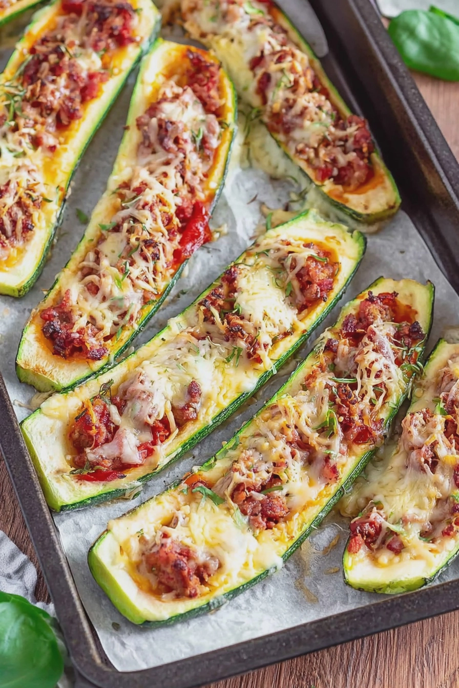 Gefüllte Zucchini mit Hackfleisch und geschmolzenem Käse, serviert auf einem weißen Teller.