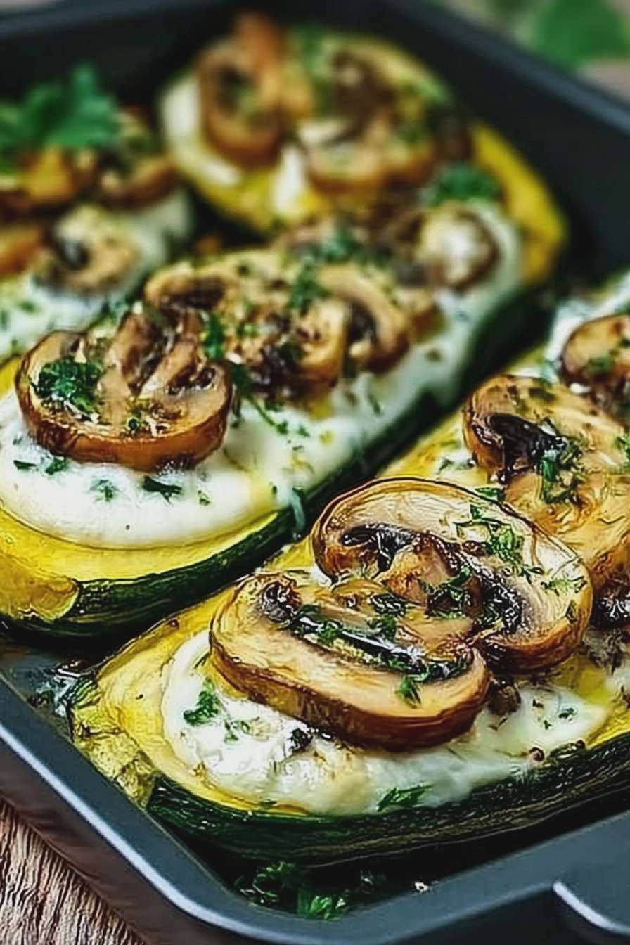 Gefüllte Zucchini mit Champignons, frisch aus dem Ofen, dekoriert mit frischer Petersilie