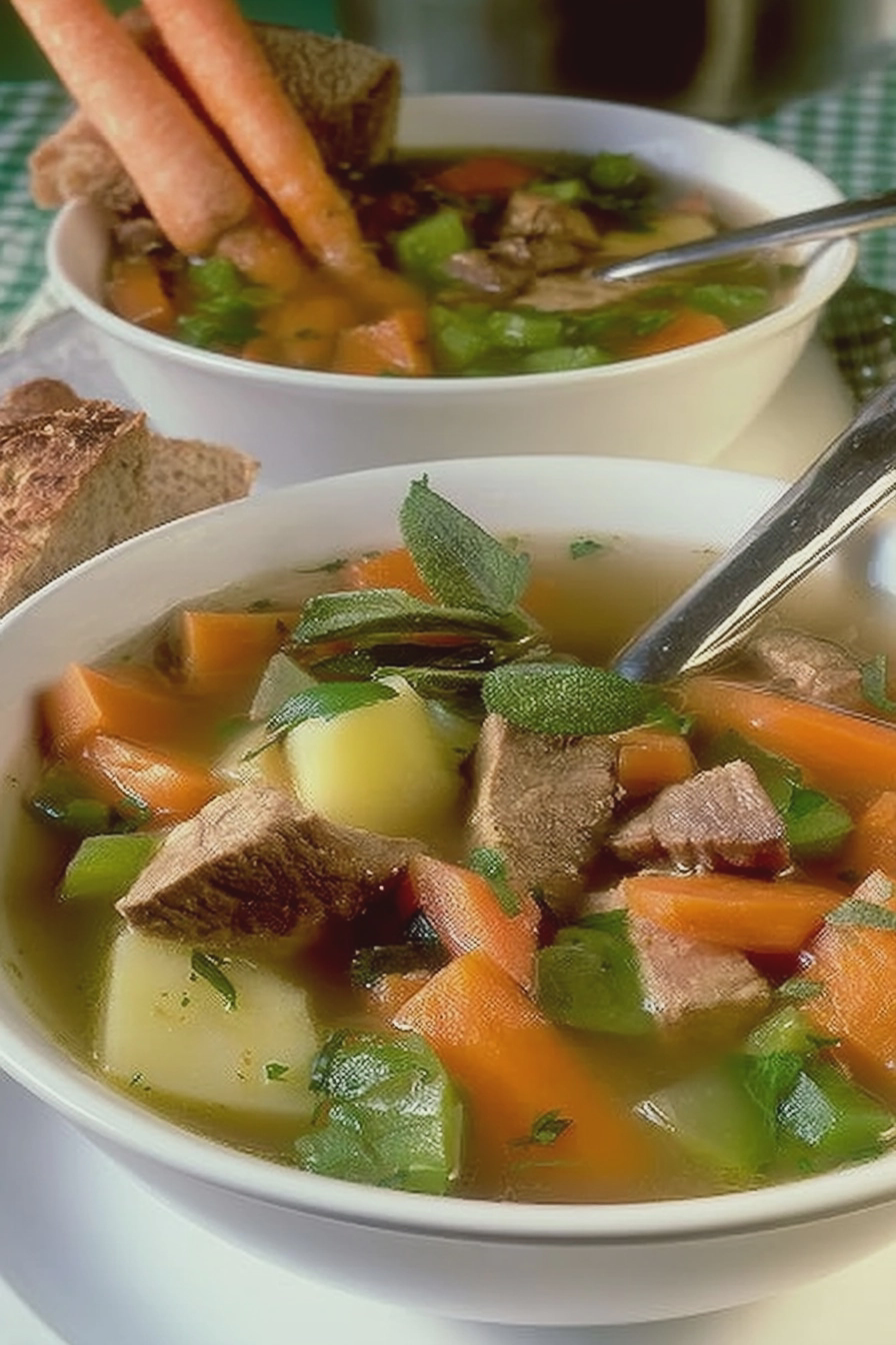 Gemüsesuppe mit Suppenfleisch, garniert mit frischer Petersilie auf einem Teller.