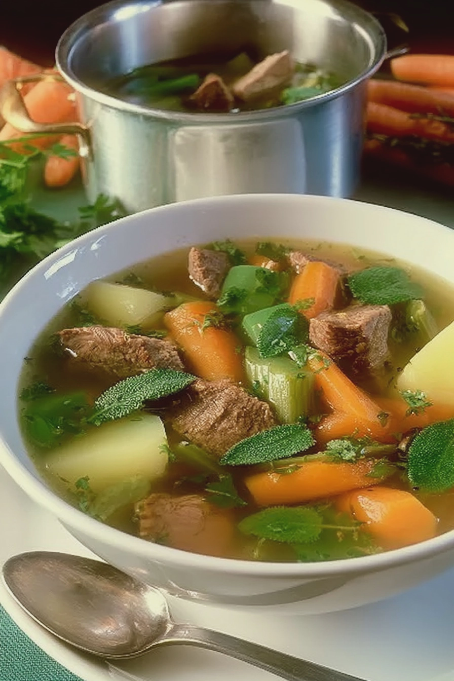 Gemüsesuppe mit Suppenfleisch in einer rustikalen Schüssel, umgeben von frischem Gemüse.