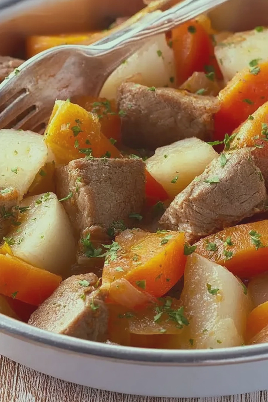 Heißes Gulasch mit Möhren und Kohlrabi, serviert in einer weißen Schüssel und garniert mit Petersilie.