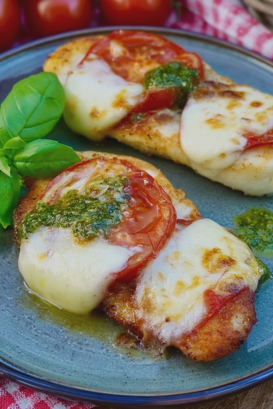 Überbackenes Hähnchenschnitzel mit Tomate und Mozzarella aus der Heißluftfritteuse, dekoriert mit frischem Basilikum.