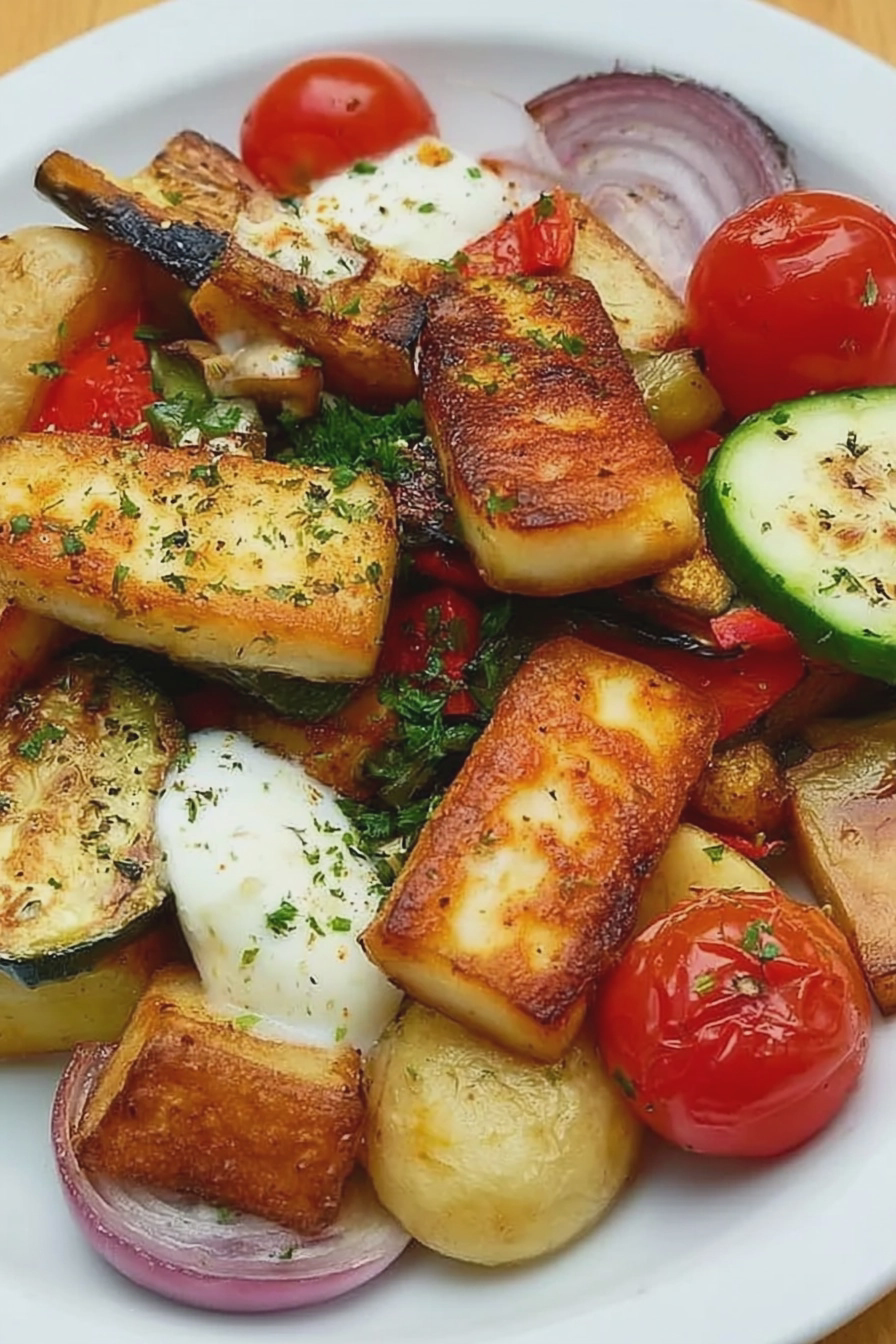 Halloumi-Käse mit mediterranem Gemüse auf einem Teller, dekoriert mit frischen Kräutern.