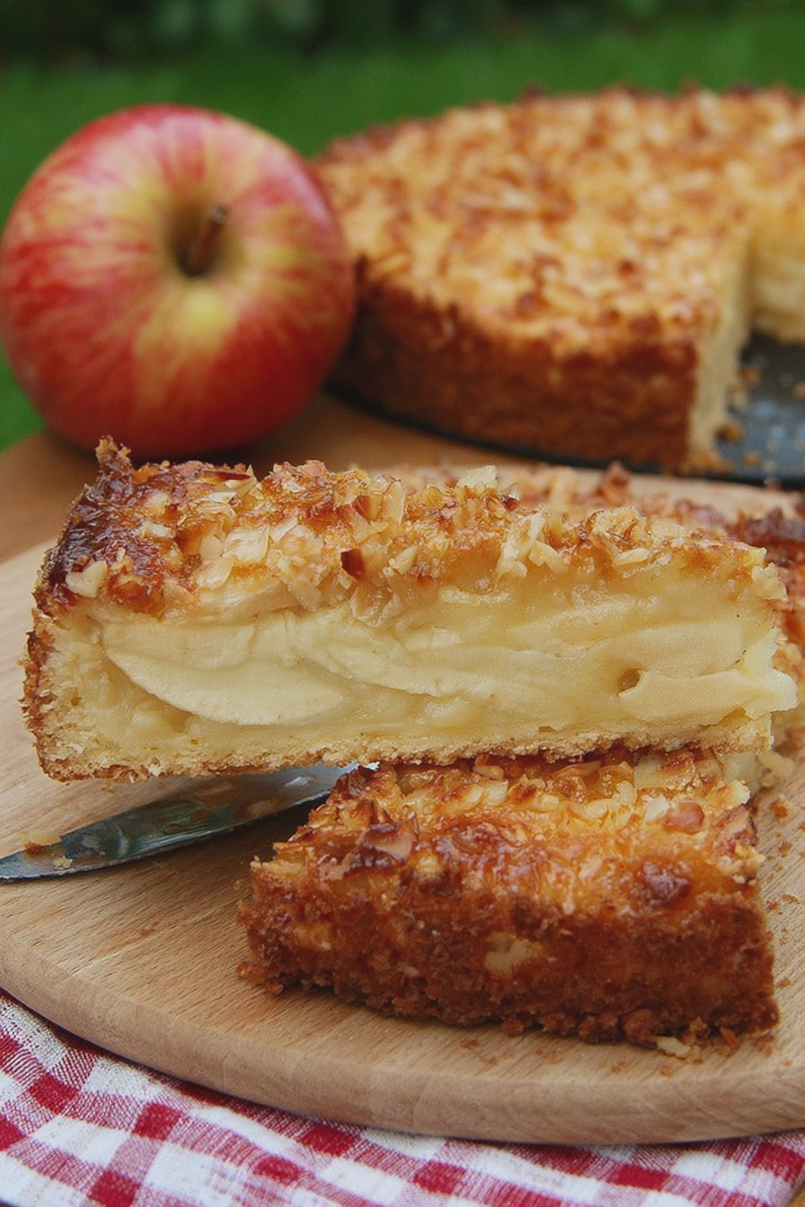 Frisch gebackener holländischer apfelkuchen mit apfelscheiben und einer gabel auf einem rustikalen holztablett.
