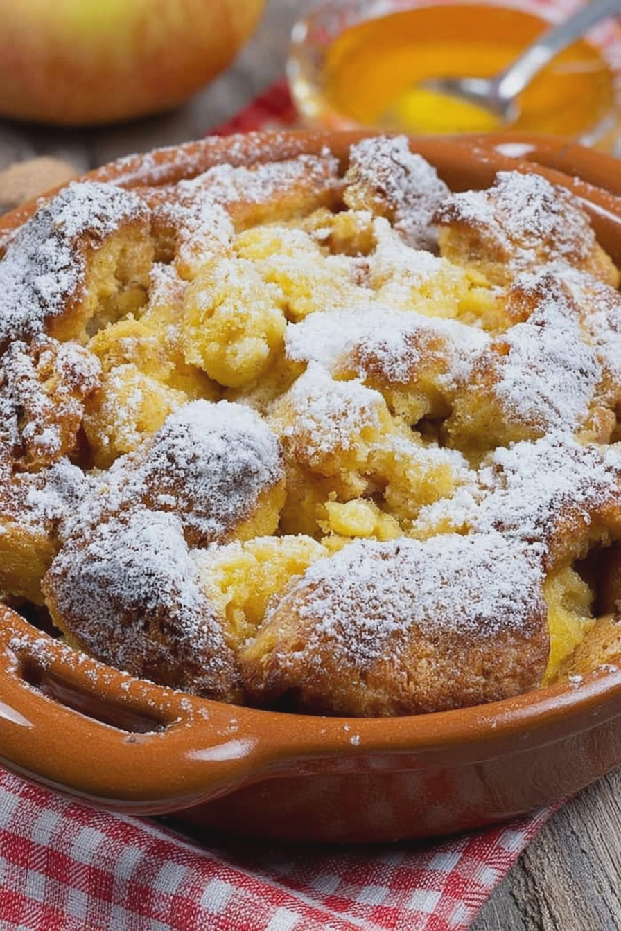 Fluffiger Kaiserschmarrn aus der Heißluftfritteuse mit Puderzucker und Mandeln.