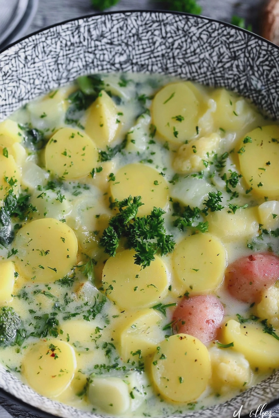 Kartoffel-Kohlrabi-Topf mit Petersilie und Wiener Würstchen auf einem Teller.