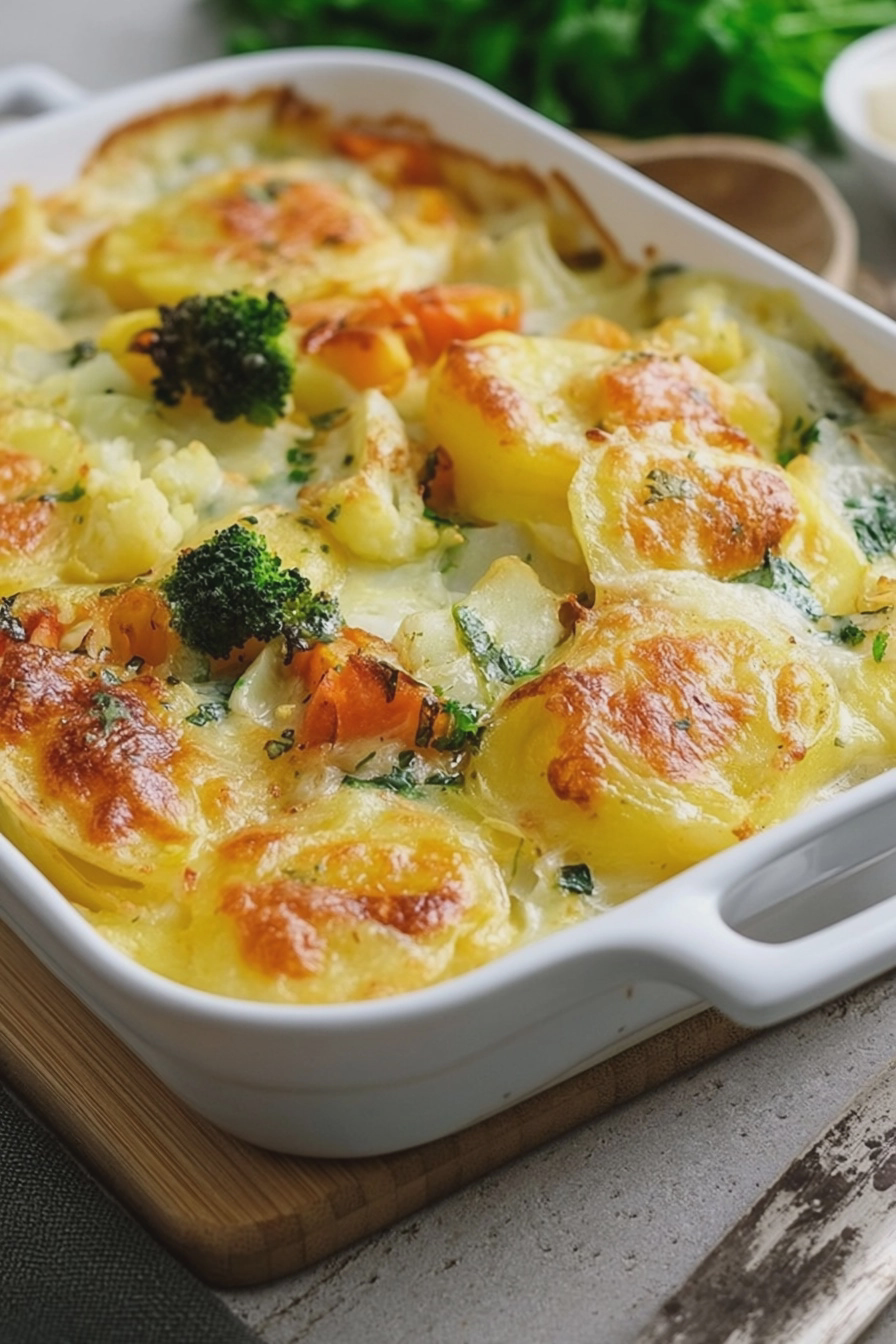 Leckerer Kartoffelauflauf mit Gemüse, frisch aus dem Ofen.