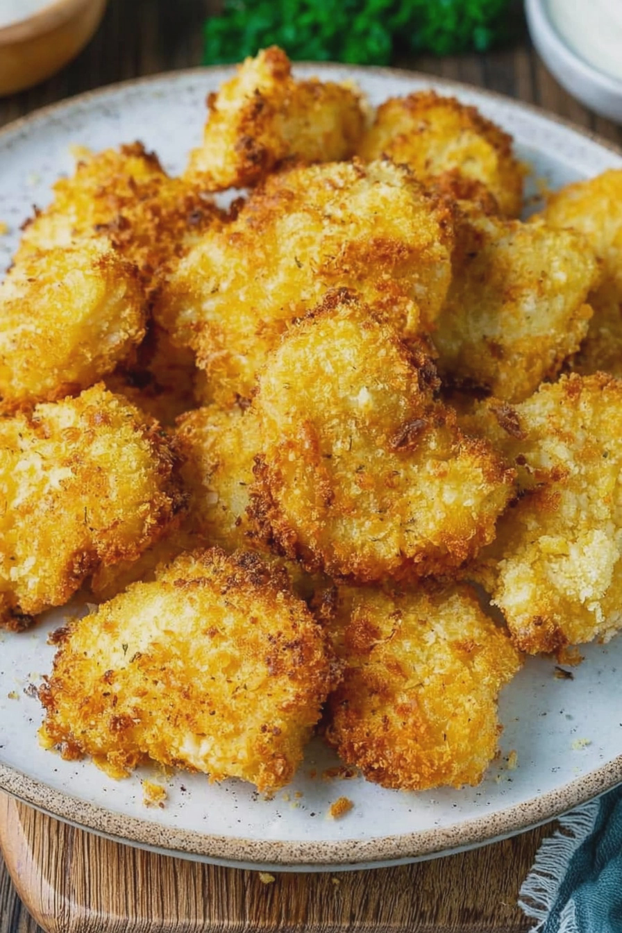 Knusprige Chicken Nuggets aus der Heißluftfritteuse auf einem Holzbrett mit verschiedenen Dips und frischem Gemüse.