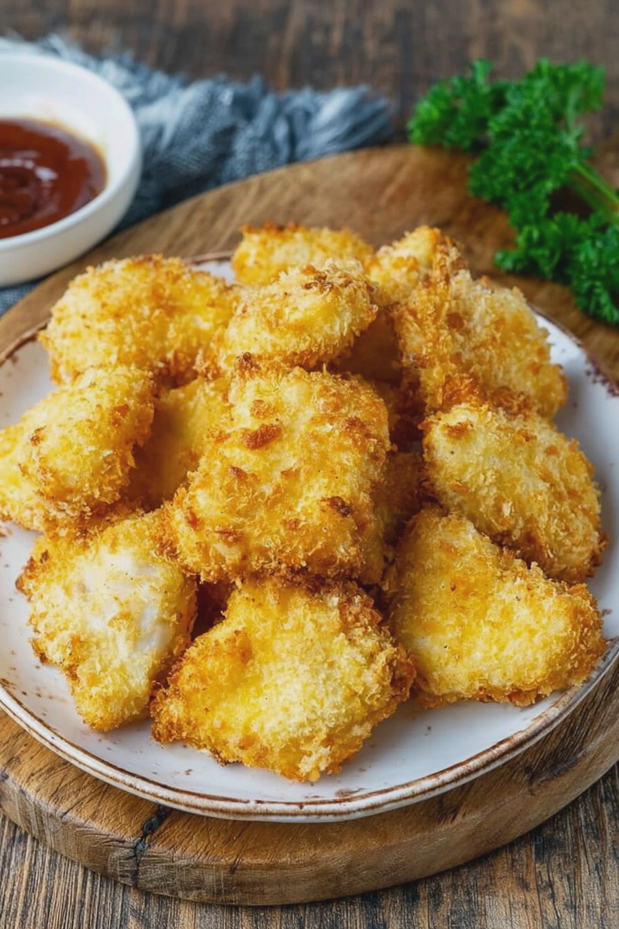Knusprige Chicken Nuggets aus der Heißluftfritteuse serviert mit Ketchup und frischen Kräutern.