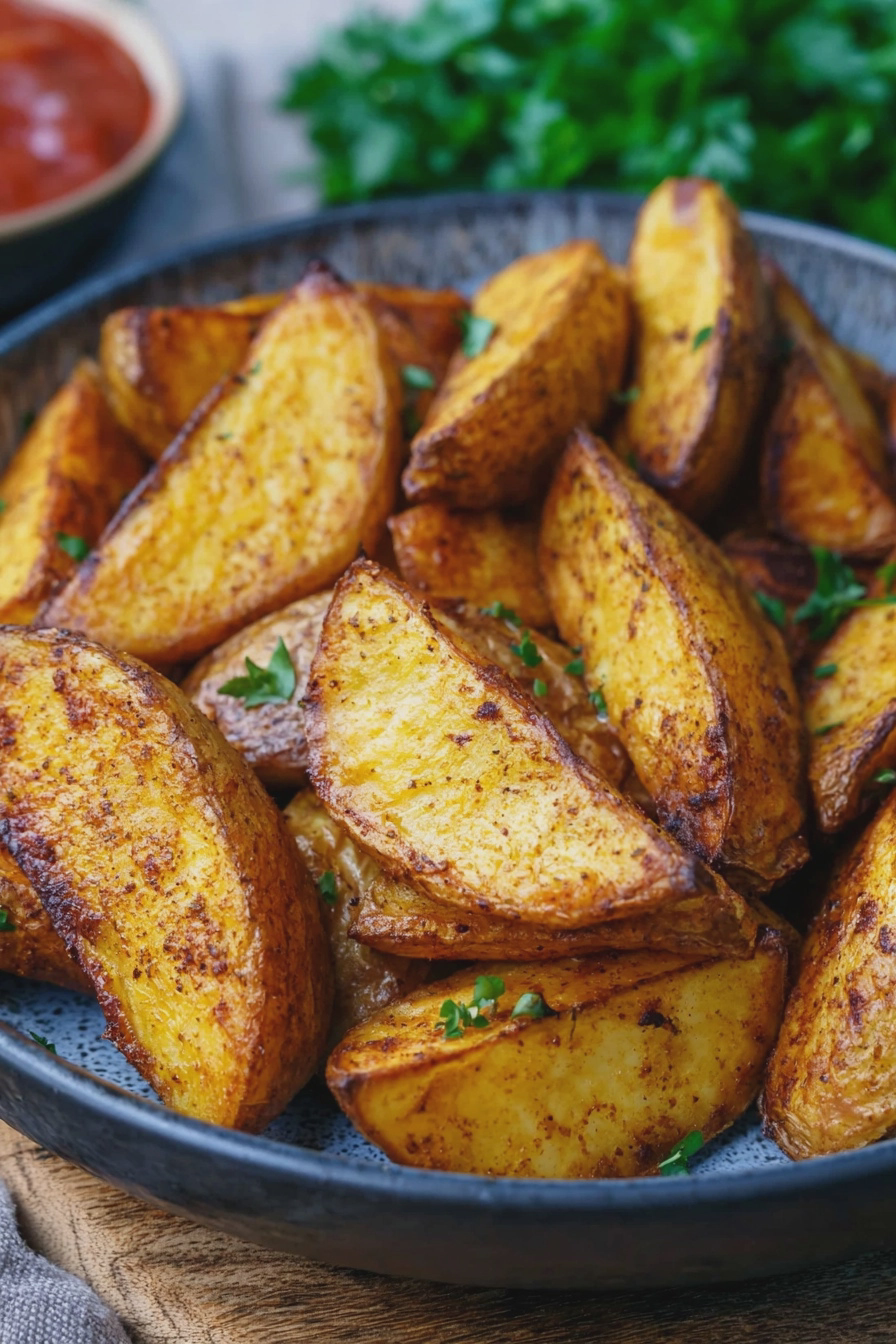 Würzige, knusprige Kartoffelecken aus der Heißluftfritteuse, dekoriert mit frischen Kräutern und einem Dip.