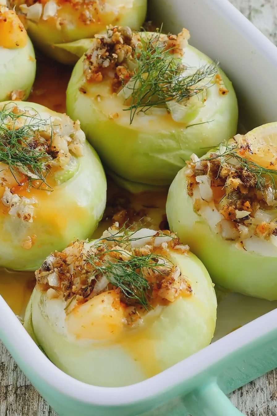 Kohlrabi aus dem Ofen mit Tomaten-Dip und Petersilie auf Holzbrett angerichtet.