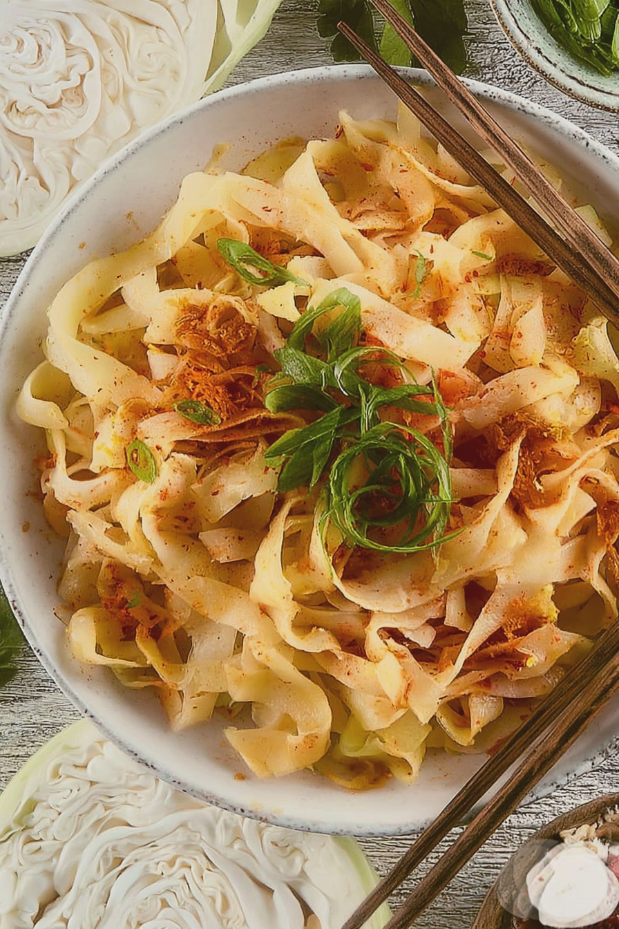 Kohlrabi Nudeln mit Frühlingszwiebeln und Sesam auf einem Teller, umgeben von frischen Zutaten.