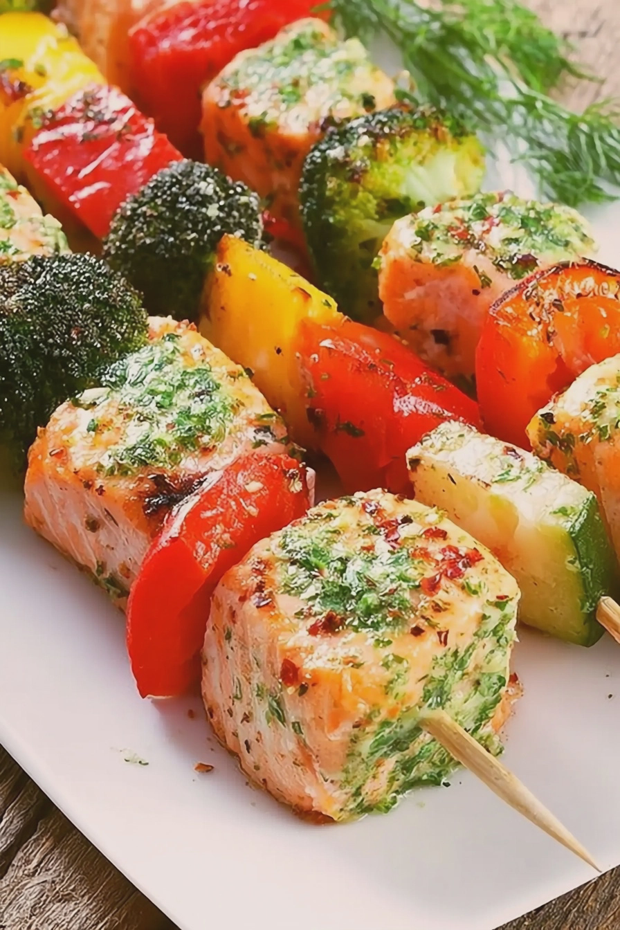 Gegrillte Lachs-Spieße mit Gemüse auf dem Grill, perfekt für eine sommerliche Grillparty.