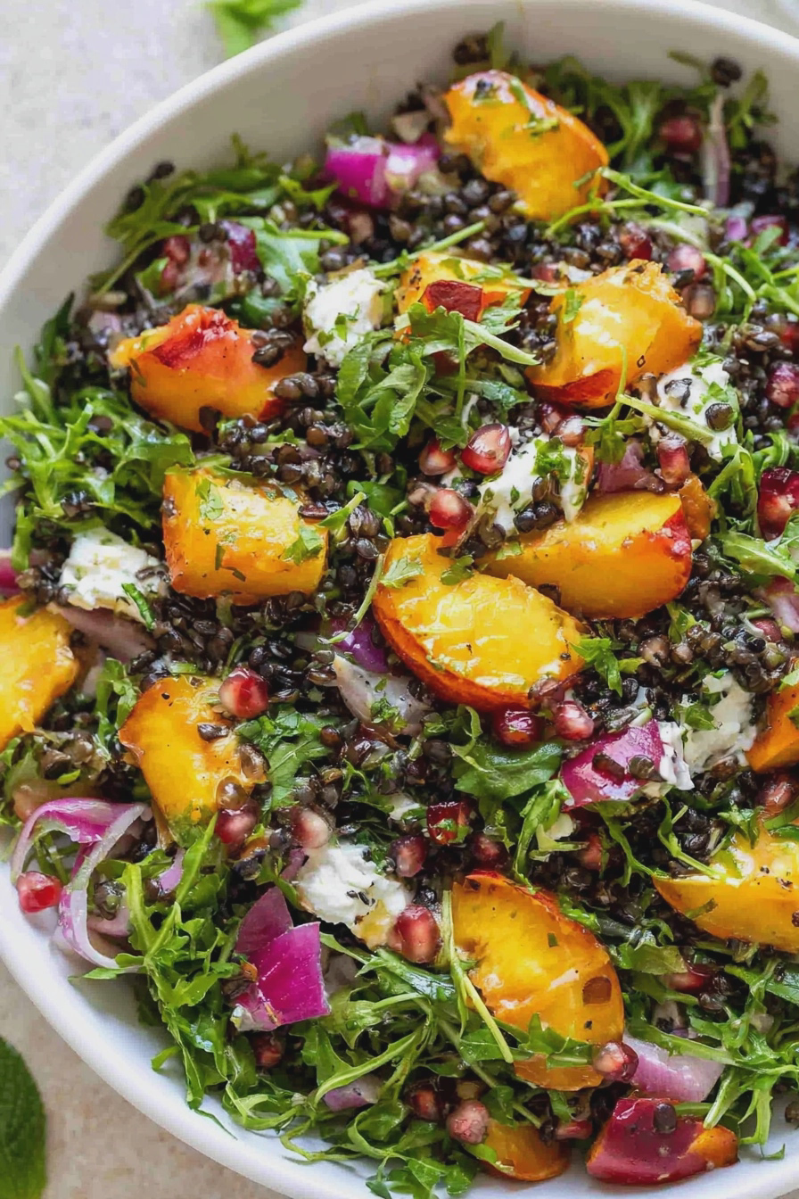 Linsensalat mit saftigen Nektarinen und frischer Minze auf einem rustikalen Holztisch