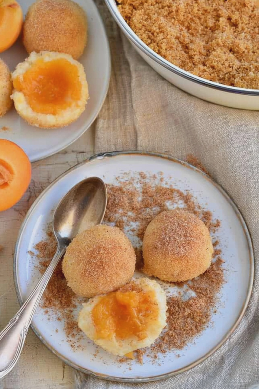 Frisch zubereitete laktosefreie Marillenknödel aus Topfenteig, dekoriert mit Zimt-Zucker-Bröseln und umgeben von frischen Aprikosen.