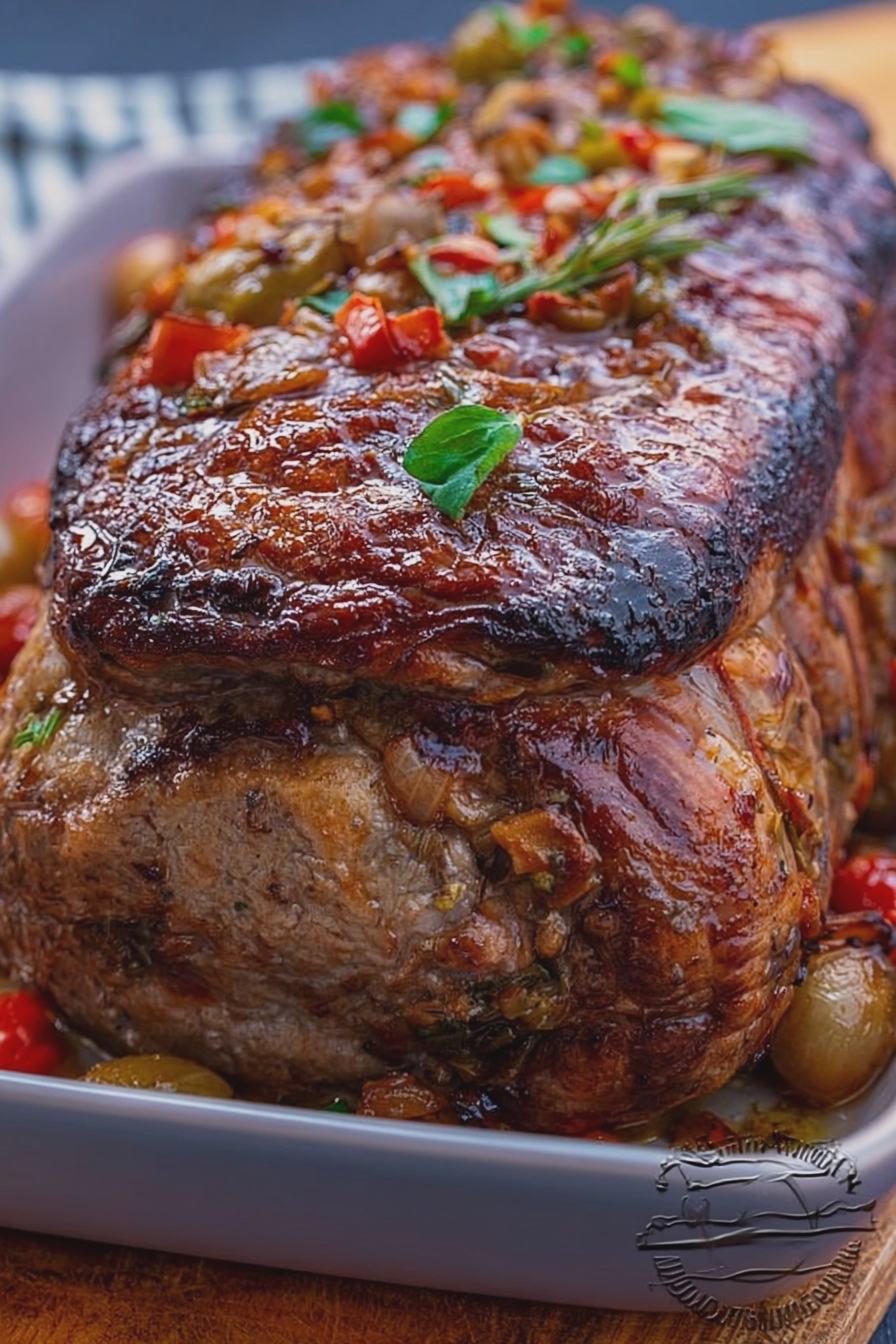 Mediterraner Winzerbraten serviert mit buntem Gemüse und frischen Kräutern.