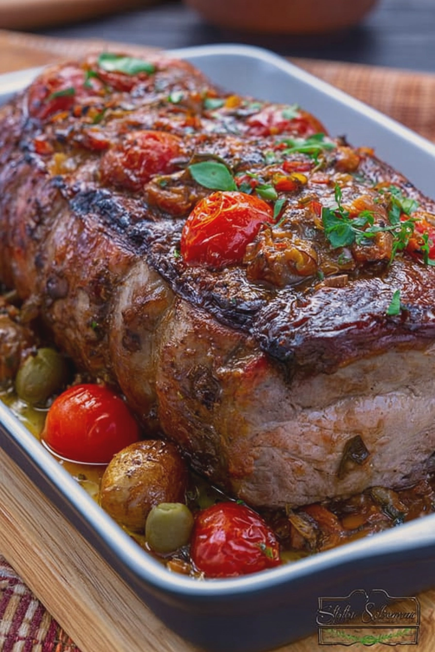Mediterraner Winzerbraten auf einem Holzbrett mit frischem Gemüse und Kräutern