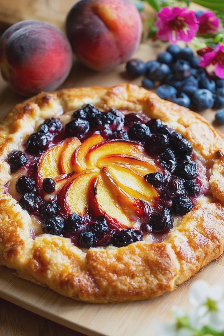 Rustikale Nectarine Blueberry Galette, frisch gebacken und dekoriert mit Blaubeeren und Nectarinen.
