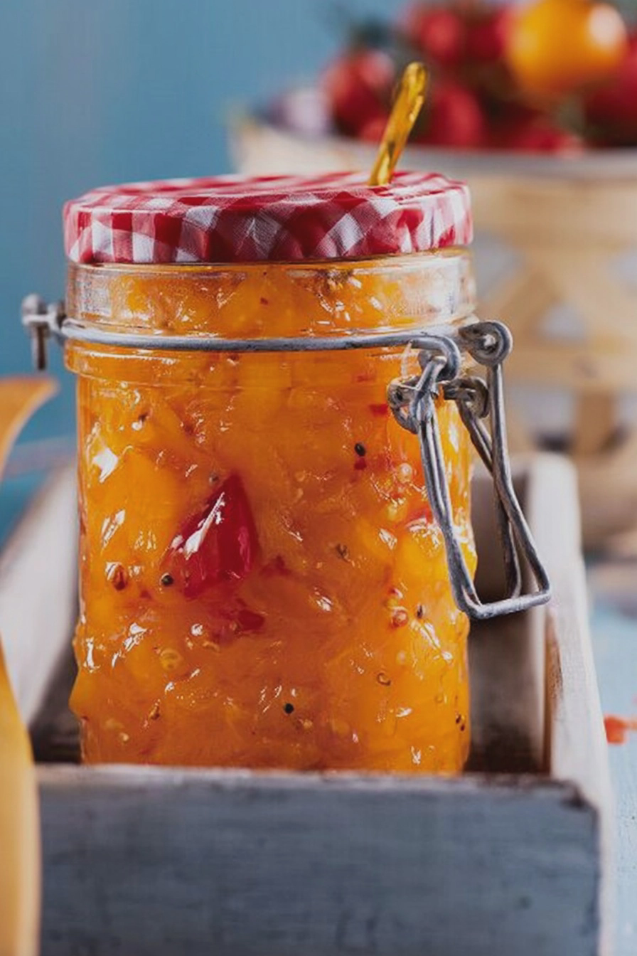 Hausgemachtes Nektarinen-Tomaten-Chutney in einem Einmachglas, umgeben von Nektarinen, gelben Tomaten, und Gewürzen.