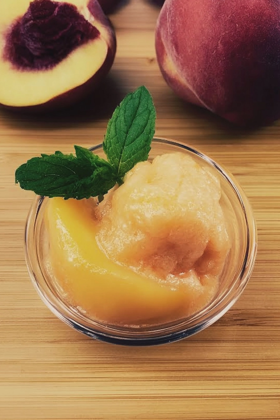 Eine erfrischende Schale Nektarinensorbet mit frischen Nektarinen und Minzblättern im Hintergrund eines sonnigen Gartens.