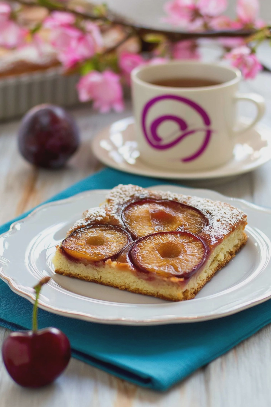 Frisch gebackener Pflaumenkuchen mit Hefeteig auf einem Holzbrett mit frischen Pflaumen und Zimt-Zucker