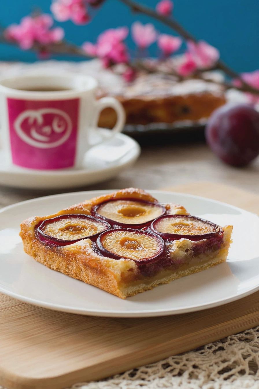Pflaumenkuchen mit Hefeteig, frisch gebacken und dekoriert mit Pflaumen auf einem Holztisch.