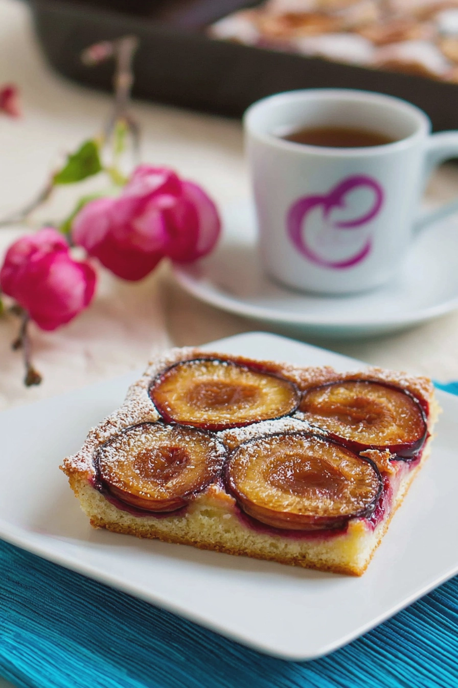 Ein köstlicher Pflaumenkuchen mit Hefeteig, garniert mit Zimt und Zucker auf einem Holzbrett.