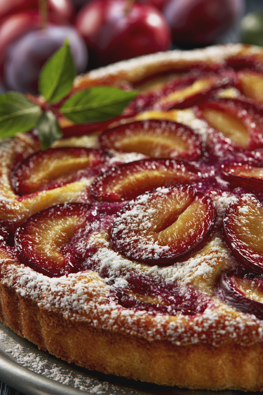 Frisch gebackener Pflaumenkuchen mit Quark-Öl-Teig, dekoriert mit frischen Pflaumen und Backzutaten.