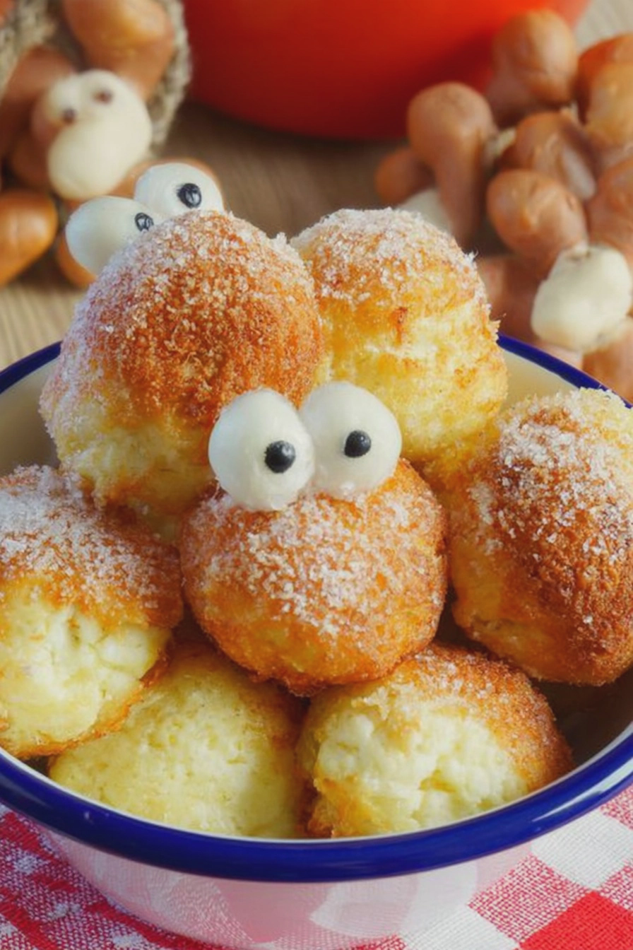 Frisch gebackene Quarkbällchen in einer Schüssel, die mit Zucker bestreut sind.