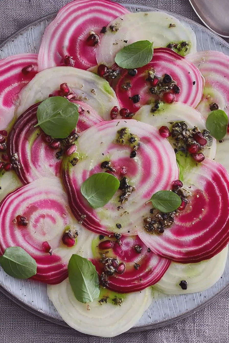 Ringerbete-Carpaccio mit Kürbiskernen und Sauerkirschen auf einem rustikalen Holztisch.