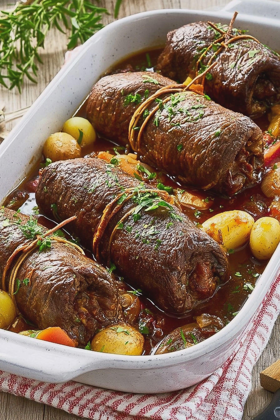 Zarte Rinderroulade im Backofen gebraten, serviert mit Rotkohl und Kartoffeln.