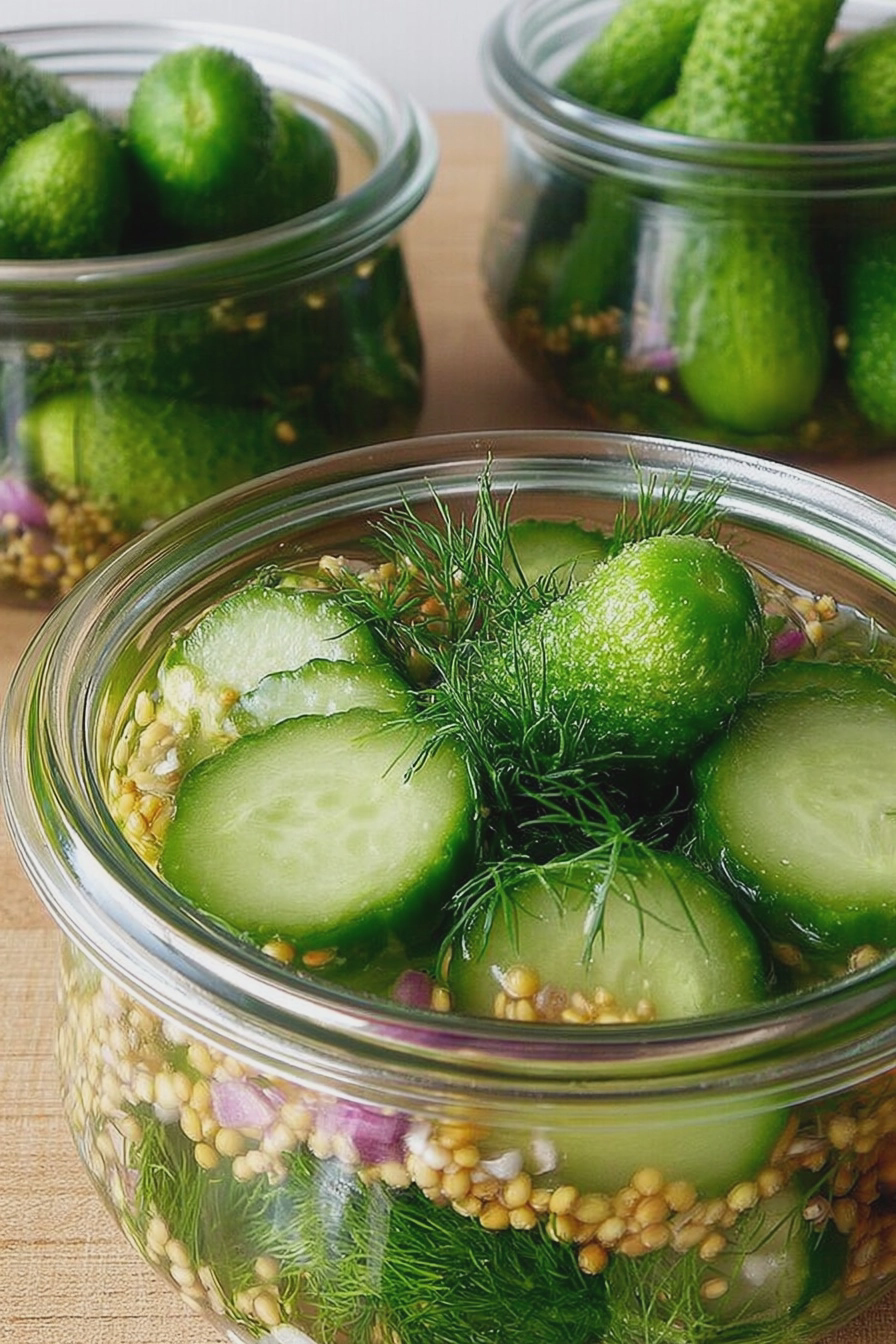 Schnellgurken nach Omas Rezept in einer Schüssel, dekoriert mit Dill und Zwiebeln.