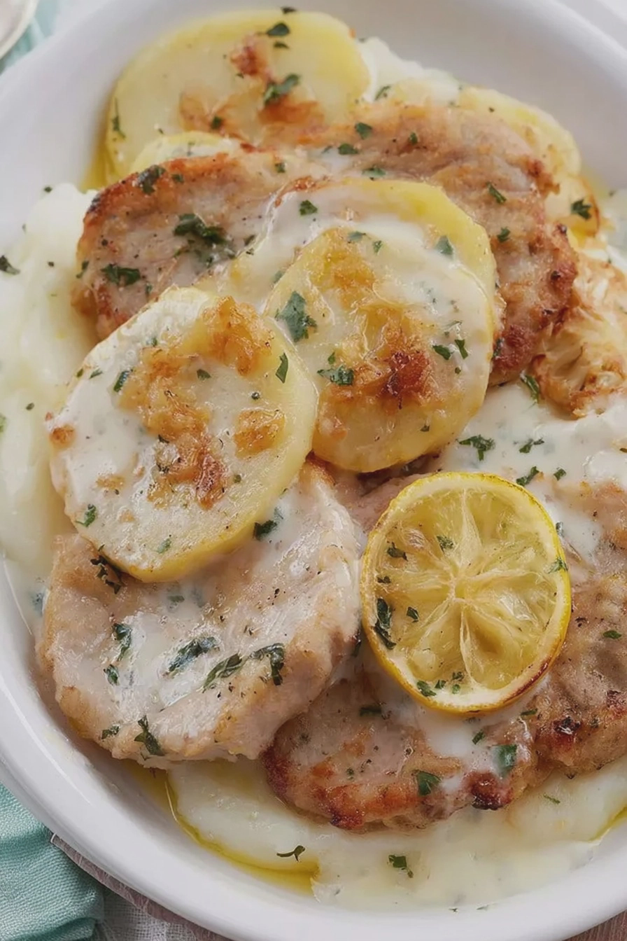 Schnitzel mit Kohlrabi auf einem Teller, dekoriert mit frischen Kräutern und Zitronenscheibe.