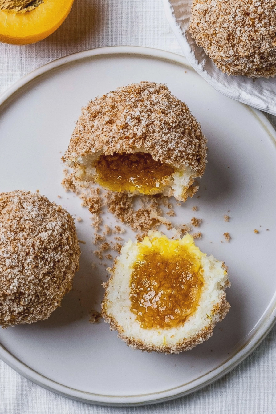 Selbstgemachte Marillenknödel mit Puderzucker auf einem Holzbrett, perfekt für ein österreichisches Dessert.